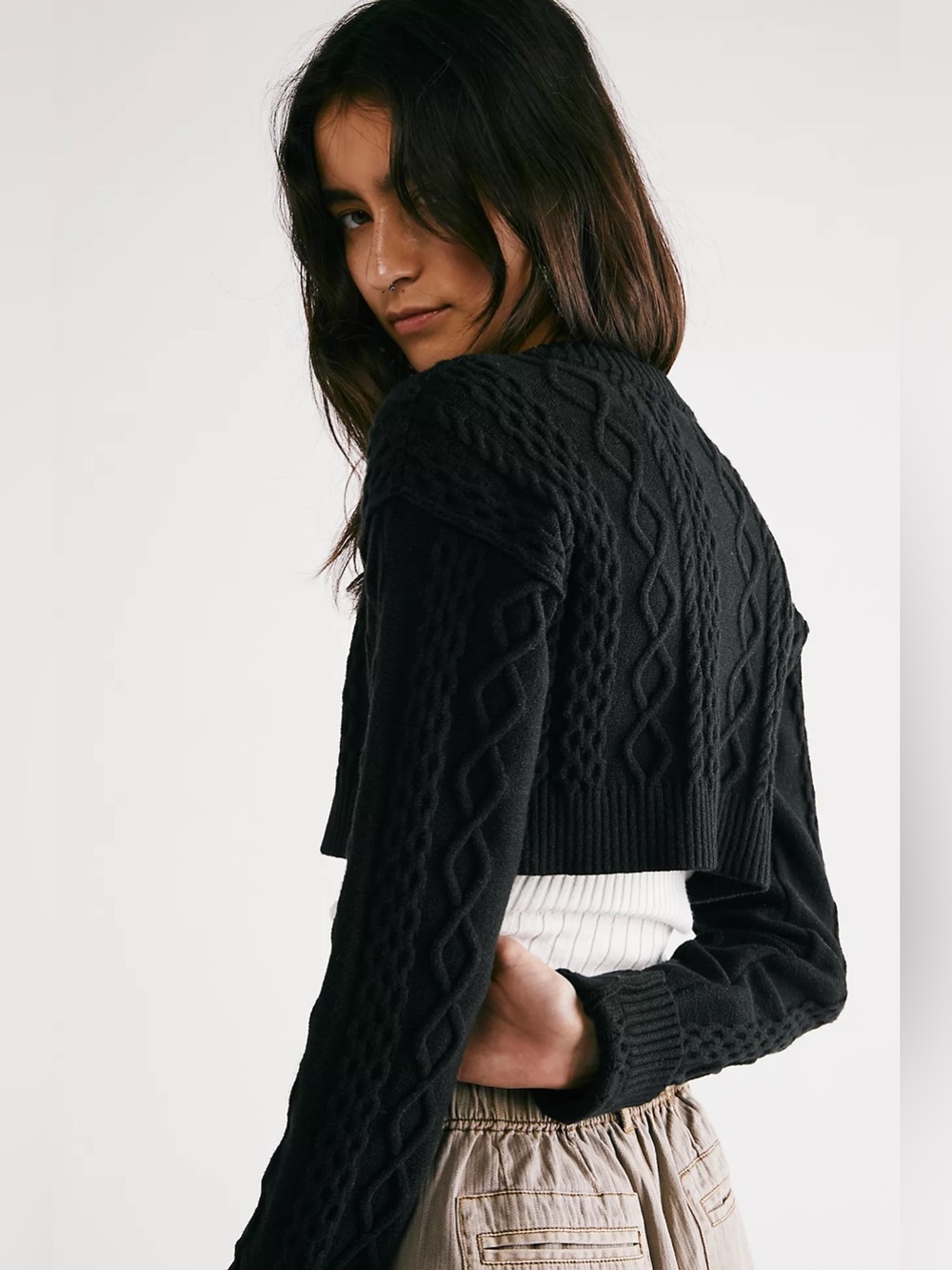 Free People | Sadie Cable Crop Sweater | Black | XS - Picture 2 of 8